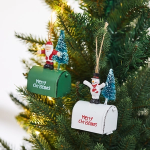 Green and white Christmas iron mailbox hanging ornaments with Santa and snowman figurines