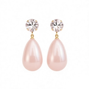 Elegant gold drop earrings with round clear crystals and pink teardrop pearls on white background