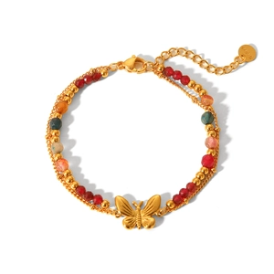 Close-up of double-layered stainless steel butterfly bracelet with colorful stone beads