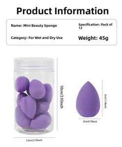 Detail of 12 purple mini teardrop makeup sponges showing exact 3x2cm dimensions and use