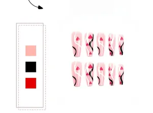 Details von langen Ballerina-Kunstnägeln mit rosa Basis, Wellenlinien und Herzmustern
