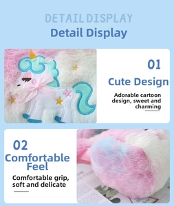Detail of plush unicorn bag with soft rainbow faux fur and fine embroidery details