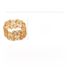 Detail view of gold hollow flower cuff bracelet with dimensions 17cm by 3.5cm