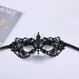Detailed shot of black lace Halloween eye mask with intricate hollow-out floral patterns