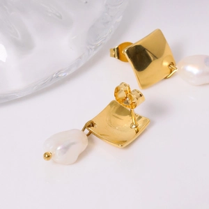 Minimalist gold square metal earrings with baroque pearls and earring back details