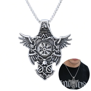 Viking Compass Pendant Necklace 316L Stainless Steel Nordic Vegvisir Raven Valknut Gothic Punk Jewelry For Men