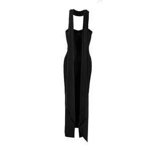 Detail of elegant black halter dress featuring long flowing neck streamers and slim fit cut