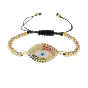 Adjustable woven evil eye bracelet with tri-color beads and micro-set cubic zirconia stones
