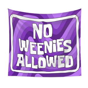 Detail showing the purple gradient waves and 'NO WEENIES ALLOWED' slogan on the tapestry