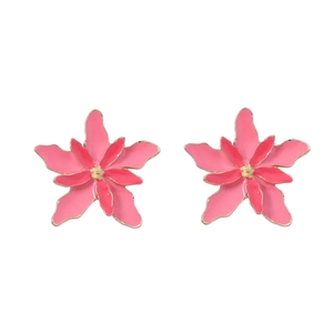Detailed top view of pink double-layered flower earrings with gold accents