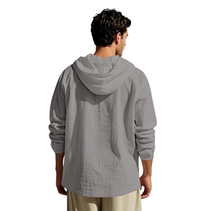 Back view of a casual grey linen hooded shirt for men featuring breathable fabric texture