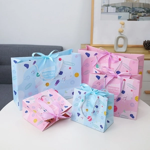 Starry Sky Paper Gift Bags With Ribbon Bow Handle Cartoon Planet Space Theme For Birthday Wedding Favor Novelty