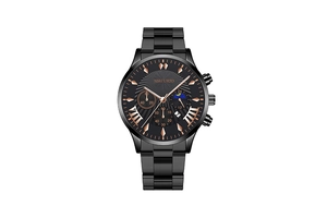 Detail of black stainless steel chronograph watch with rose gold hands and date display