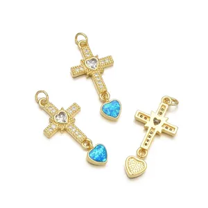 Gold plated cross and blue opal heart pendant necklace with white cubic zirconia stones