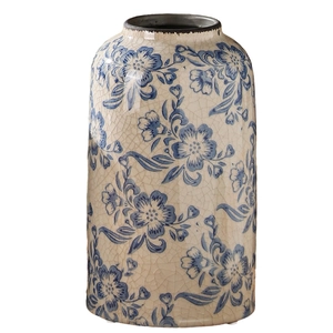 Klassische chinesische Keramikvase mit Eiskrack-Glasur und blauen Blumenmustern auf Weiß