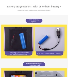 Detail view of ABS plastic RC car components including rechargeable battery and USB cable