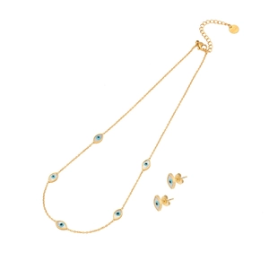 Golden stainless steel evil eye necklace and stud earrings set with blue enamel details