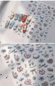 Detailed laser colorful nail stickers with cute bunny and floral patterns for manicure