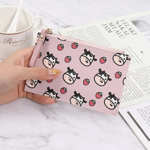 Pink slim cow print wallet for women with strawberry pattern and metal zipper closure