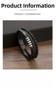 Detail showing 21cm multi-layer black leather woven bracelet with lava stone beads