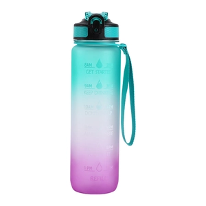 Purple and blue gradient plastic sports water bottle with time markings and straw handle