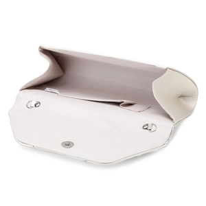 Internal view of the satin clutch showing the magnetic closure and chain strap hooks
