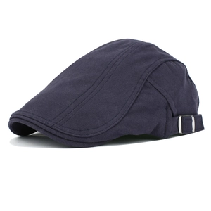 Classic dark blue herringbone flat cap with adjustable silver metal side buckle
