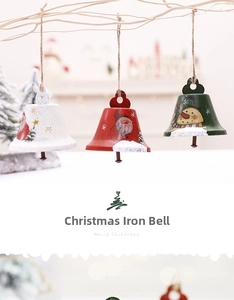 Three hand-painted metal Christmas bells with Santa and snowman hanging on a branch