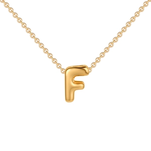 Detailed close-up of 3D bubble letter F pendant in polished gold plated finish