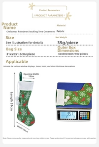 Detailed dimensions and weight info for green reindeer felt Christmas stocking gift bag