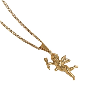 Vintage gold plated stainless steel Cupid angel pendant with cuban chain necklace