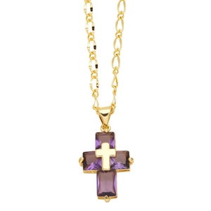Hip hop style gold cross necklace featuring purple zircon stones and double-layered design