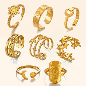 8-piece gold celestial ring set featuring sun moon and star motifs in stainless steel