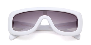 Detail of white oversized pilot sunglasses showing Hand Polish CE marking on inner temple