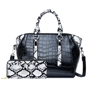 Retro black crocodile and snakeskin texture tote bag set with matching long wallet
