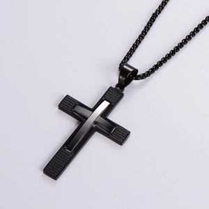Vintage stainless steel cross pendant necklace with black and silver layered design