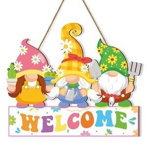 Spring floral garden gnome welcome sign made of wood with hanging jute rope for home decor
