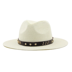 Ivory woven fedora hat for men with dark brown faux leather studded band for summer