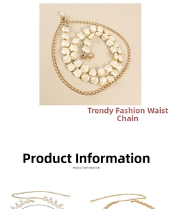 Close-up of golden metal waist chain with shell beads and white pearl pendants