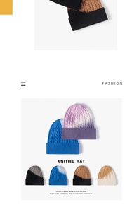 Close-up of tie-dye knitted beanie hats with thick cable knit and fold-over cuff