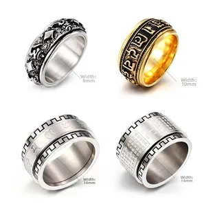 Detail showing 8mm to 14mm stainless steel rotating rings with religious engravings