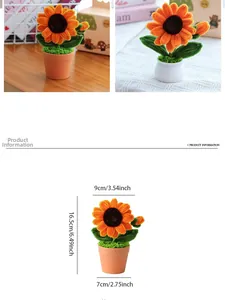 Detailed size specifications for handmade crochet sunflower potted plant decoration