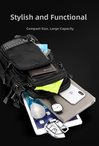 Tactical black nylon chest bag showing large capacity with iPad and mobile gadgets