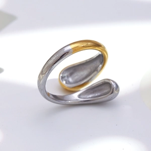 Two-tone 18K gold plated stainless steel open ring with fluid drop snake head design