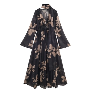 Floral Print Chiffon Maxi Dress Elegant V-Neck Long Bell Sleeves Tied Neckline Vintage Style Flowy Party Dress For Women