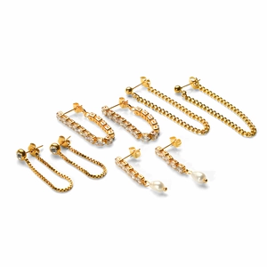 Detail of 18K gold plated stainless steel tassel earrings and zircon studs set