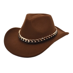 Deep brown wool jazz fedora with gold metal chain and wide brim in 45-degree view