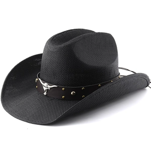 Klassischer schwarzer Western-Cowboyhut mit Lederband und silbernem Stierkopf-Ornament