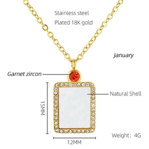 Detailed specs of square necklace with garnet zircon, natural shell and 18K gold plating