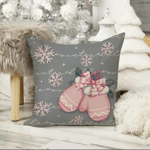 Detailed view of grey and pink winter pillow case with hello winter text and snowflake